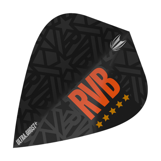 Targetuj w loty latawcem UltraGhost Raymond Van Barneveld GEN2 Dies ist ein Target UltraGhost Raymond Van Barneveld GEN2 Kite Flight. Das Flight ist schwarz mit großen orangen Buchstaben "RVB" und fünf gelben Sternen gestaltet.