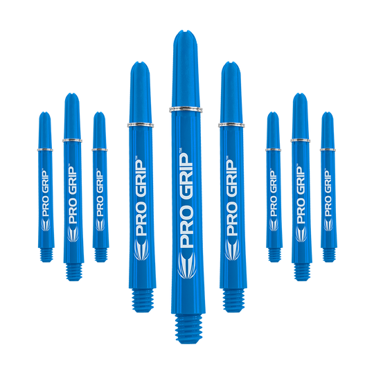 Das Bild zeigt neun blaue Dartschäfte mit der Aufschrift "PRO GRIP". Die Schäfte sind in drei Gruppen angeordnet und jeweils identisch.