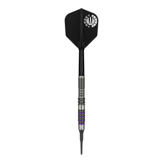 Target Japan Prime Series Yuta Hayashi Sirius GEN3 MAX Soft Darts - 21,5 g Das Bild zeigt einen Softdart aus der Target Japan Prime Series, Modell Yuta Hayashi Sirius GEN3 MAX mit einem Gewicht von 21,5g. Der Dart hat ein silbernes Griffstück mit schwarzen und lila Akzenten sowie eine schwarze Flight mit weißem Aufdruck.