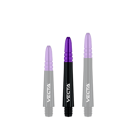 Winmau Vecta Shafts - Schwarz Lila Auf dem Bild sind drei Dartschäfte in Schwarz und Lila zu sehen. Sie haben die Aufschrift "Vecta" und sind unterschiedlich lang.