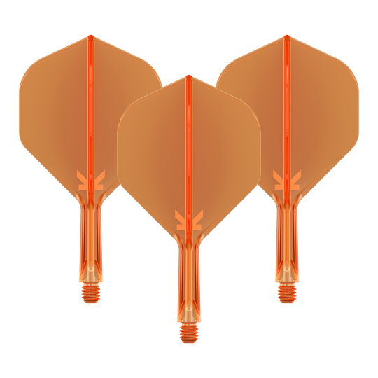 System lotu Target K-Flex No2 Standard – neonowopomarańczowy Das Bild zeigt drei neonorange Dartflights mit Shafts. Sie sind in einer Reihe nebeneinander angeordnet und haben eine transparente Optik.
