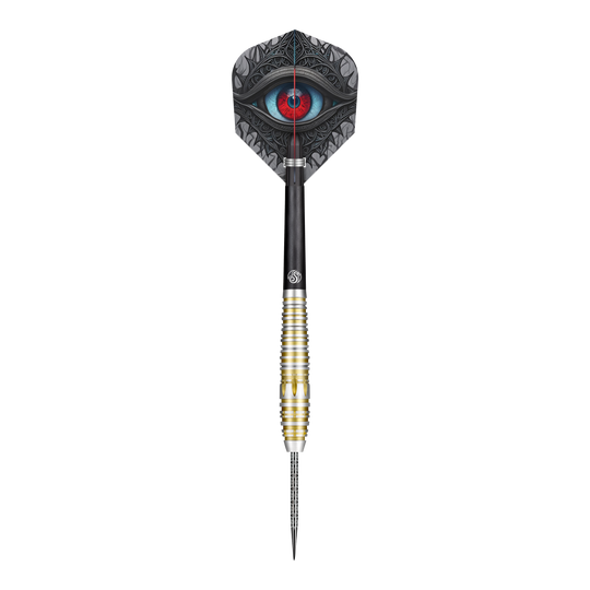 Shot Celta Balora Steeldarts Dieses Bild zeigt einen Steeldartpfeil des Produkts "Shot Celt Balor Steeldarts". Auf dem Flight ist ein auffälliges Auge in blauen und roten Farbtönen abgebildet.