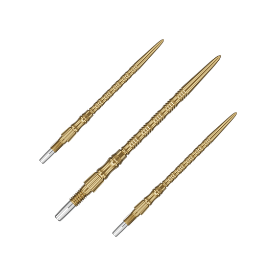 Das Bild zeigt ein Set goldener Dartspitzen mit 42mm Länge. Die Spitzen sind Target SwissPoint Signature TRB Dartspitzen.