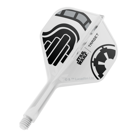 Das Bild zeigt einen kurzen Dartflügel mit dem Dateinamen 'Stormtrooper No2 Standard Flights Short 19mm 1'. Das Design ist inspiriert von der Star Wars Stormtrooper Optik.