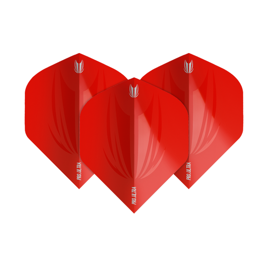 TG424_Target_ProUltra_ID_Red_No2_Standard_Flights_1uPGV1acxXimQQ Das Bild zeigt drei rote Dart Flights mit dem Namen "Target ProUltra ID Red No2 Standard Flights". Sie haben ein glänzendes Design und das Logo sowie die Aufschrift "Pro Ultra" sind aufgedruckt.