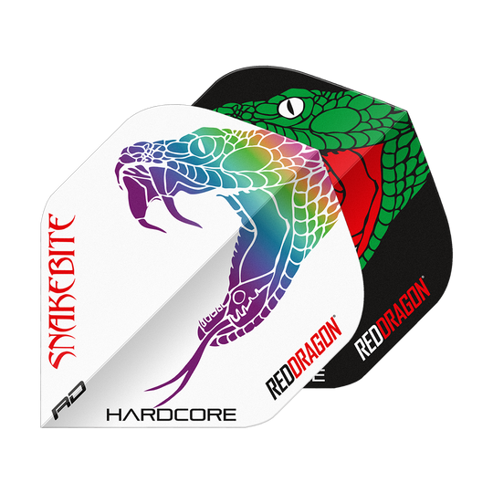 Red Dragon Peter Wright Ukąszenie Węża Czarno-Białe Yin Yang Standardowe Loty Das Bild zeigt zwei Dart-Flights mit auffälligen Schlangenmuster-Designs in Schwarz und Weiß. Auf beiden Flights stehen die Wörter "Snakebite" und "Red Dragon".