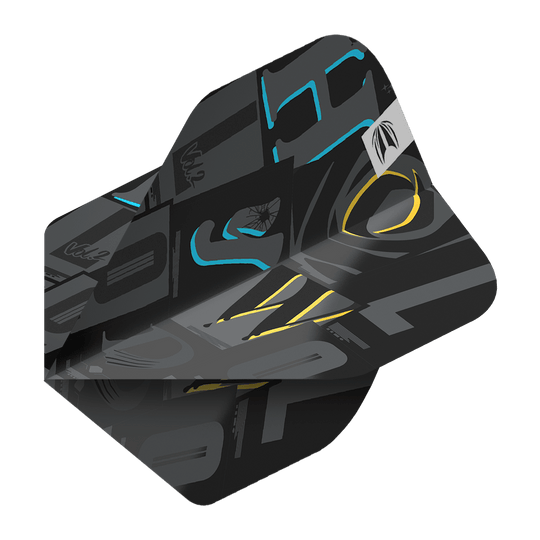 Target Pro Ultra Chris Dobey No2 Standard Flights - 3 Sets Das Bild zeigt ein schwarzes Dartflight mit modernen grafischen Mustern in Grau, Blau und Gelb. Es handelt sich um das Produkt "Target Pro Ultra Chris Dobey No2 Standard Flights - 3 Sets".