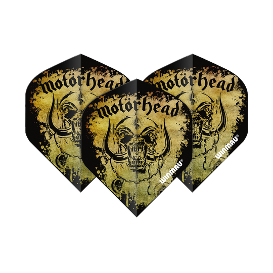6905-241_Winmau_Motorhead_Acid_Splat_Standard_Flights_1WJF4TvZ0VzAaJ Das Bild zeigt die "Winmau Motorhead Acid Splat Standard Flights" mit einem auffälligen Totenkopf-Design. Die Flights sind in Schwarz und Gelb gehalten und tragen das Motorhead-Logo.