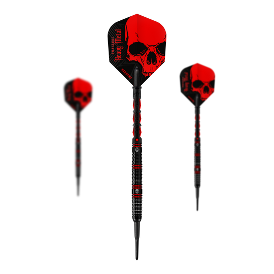 Harrow's Ryan Searle Heavy Metal Soft Darts Die Abbildung zeigt die Harrows Ryan Searle Heavy Metal Softdarts. Die Darts sind schwarz-rot gestaltet und haben ein auffälliges Totenkopf-Motiv auf den Flights.