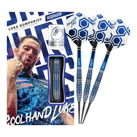 Stalowe lotki Red Dragon Luke Humphries TX5 Auf dem Bild ist das vollständige Set der Red Dragon Luke Humphries TX5 Steeldarts zu sehen. Die Steeldarts werden in ihrer Gesamtheit präsentiert.
