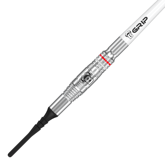 Miękkie lotki Bulls Niko Springer - 22g Das Bild zeigt einen Bulls Niko Springer Softdart mit einem Gewicht von 22g. Der Dart hat eine silberne Metallspitze und einen weißen Schaft mit der Aufschrift "B GRIP".