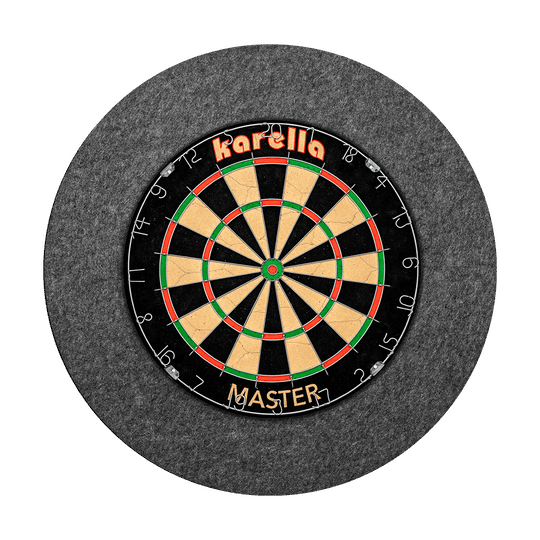 811501_Karella_Schallschutz_f-r_Steeldartboards_2 Das Bild zeigt ein Steeldartboard der Marke Karella mit integriertem grauem Schallschutz und Auffangring. Das Dartboard ist mittig im runden Schallschutz montiert.