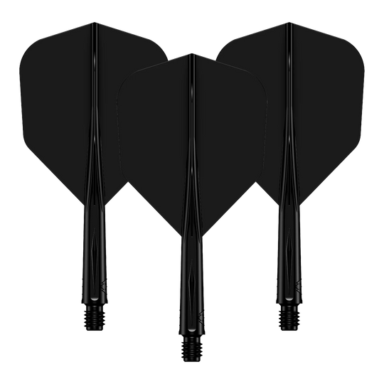System wału lotniczego Mission Force 90 No6 – czarny Das Bild zeigt drei schwarze Dartflights mit passenden Dartschäften. Sie sind hintereinander angeordnet und haben eine glänzende Oberfläche.