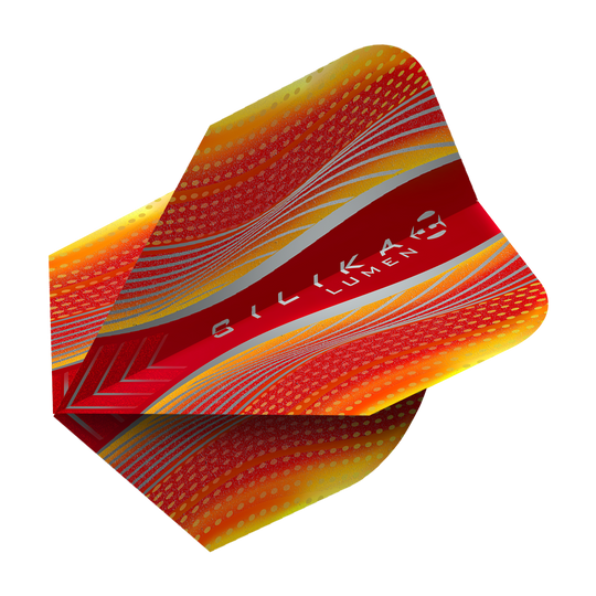 HF5128_Harrows_Silika_Lumen_Yellow_Red_No6_Flights_2 Das Bild zeigt das Produkt "Harrows Silika Lumen Yellow Red No6 Flights". Es ist ein Dartflight in den Farben Rot, Gelb und Silber mit dynamischem Muster und dem Aufdruck "Silika Lumen".