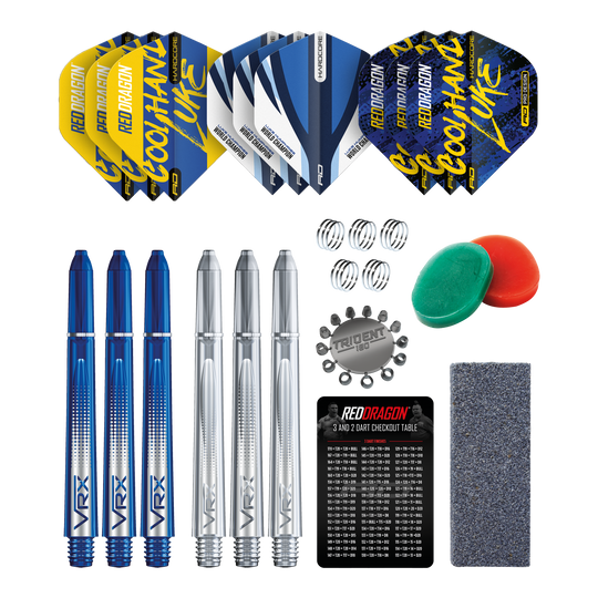 Das Bild zeigt das Red Dragon Luke Humphries Optima Zubehör Pack für Darts. Enthalten sind Flights, Shafts, Federn, Tridents, ein Schleifstein, ein Checkout-Table, sowie weiteres nützliches Dartzubehör.