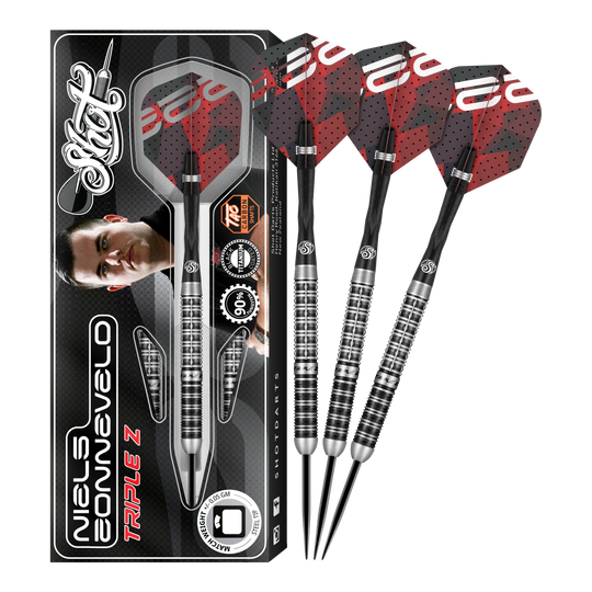 Strzelaj stalowymi rzutkami Niels Zonneveld V2 Das Bild zeigt das Produkt "Shot Niels Zonneveld V2 Steeldarts" samt Verpackung und vier Steeldarts. Die Darts haben ein silber-schwarzes Design mit roten Flights.