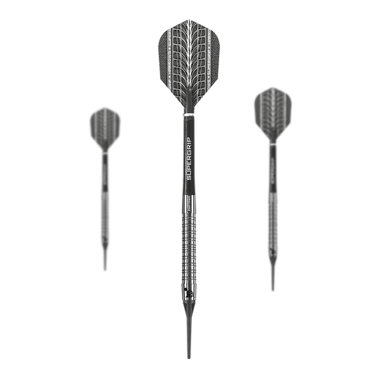 Harrows Supergrip 90% miękkie lotki Das Bild zeigt drei Harrows Supergrip 90% Softdarts mit silbernem, gerilltem Barrel. Die Flights sind schwarz mit einem auffälligen Muster gestaltet.
