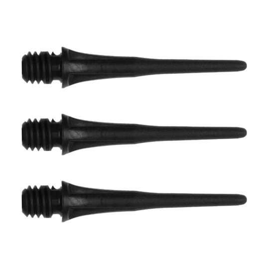 Das Bild zeigt drei schwarze Cosmo Fit Point Plus 2BA Spitzen mit einer Länge von 25 mm. Sie sind für Softdarts geeignet und werden im 50er Pack verkauft.