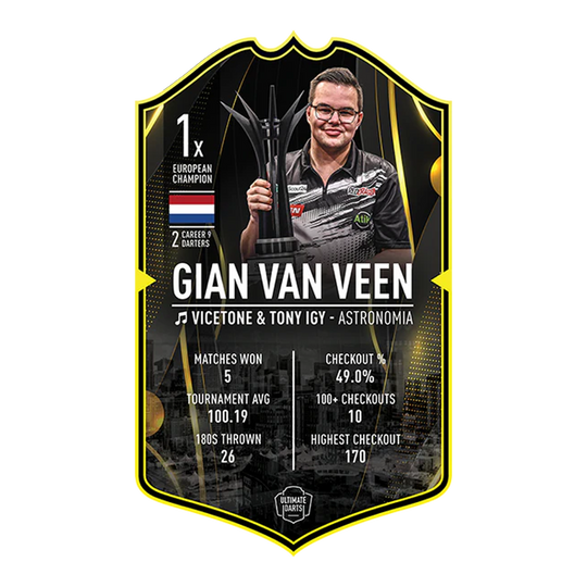 Karta Ultimate Darts – Gian Van Veen Ultimate Darts Card - Gian Van Veen. Diese Karte zeigt den Spieler Gian Van Veen aus der Ultimate Darts Card Serie.