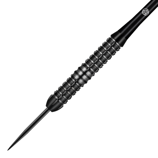 Strzały Redline Blazed Steel Darts Das Bild zeigt einen schwarzen Steeldart namens "Shot Redline Blazed". Der Dart hat ein geriffeltes Griffstück für besseren Halt.
