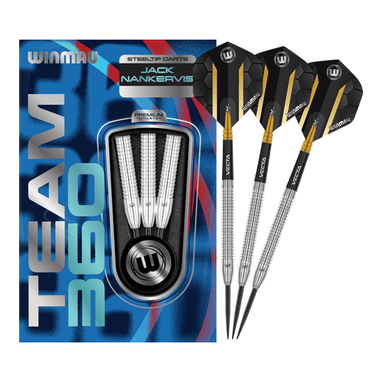 Lotki stalowe Winmau Team 360 Jack Nankervis - 24g Auf dem Bild sind die Winmau Team 360 Jack Nankervis Steeldarts mit 24g zu sehen. Diese Steeldarts bieten eine ausgezeichnete Kontrolle beim Wurf.