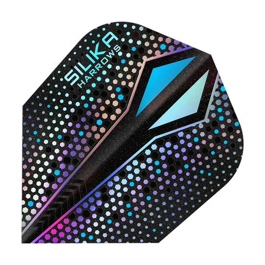 Harrows Silika Colorshift Twarda powłoka krystaliczna Silver-X No6 Loty Das Bild zeigt ein Dart-Flight mit dem Namen "Harrows Silika Colourshift Tough Crystalline Coating Silver-X No6". Das Flight hat ein glänzendes, sechseckiges Muster mit schimmernden Farben und einem markanten blauen Designelement.