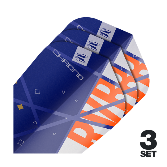 Target Pro Ultra Raymond Van Barneveld Chrono Ten-X Standard Flights - 3 zestawy Auf dem Bild sind drei Sätze von Target Pro Ultra Raymond Van Barneveld Chrono Ten-X Standard Flights zu sehen. Die Flights sind überwiegend blau mit orangefarbenen und weißen Akzenten gestaltet.