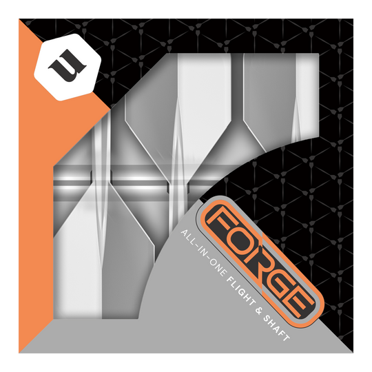Das Bild zeigt die Verpackung des Produkts „Unicorn Forge All In One Plus No2 Standard Flights Clear - Medium“. Die Verpackung ist in Schwarz, Orange und Grau gehalten und zeigt die Flights und Shafts durch ein Sichtfenster.