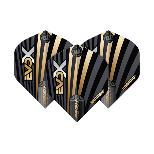 Winmau Prism Delta MvG Evo-X No2 Standard Flights Das Bild zeigt drei Winmau Prism Delta MvG Evo-X No2 Standard Flights. Sie haben ein schwarzes Design mit goldenen und silbernen Streifen sowie dem Winmau-Logo.
