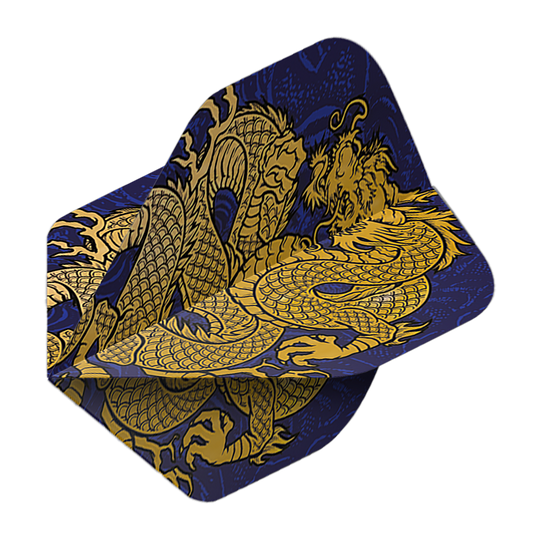 Pentathlon Flights Dragon niebieski Das Bild zeigt die Pentathlon Dragon 4 Standard Flights. Auf den Flights ist ein goldener Drache auf dunkelblauem Hintergrund abgebildet.