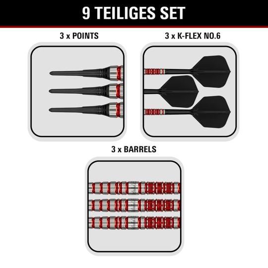 Miękkie lotki Target Black Marque Spinel - 21,5 g Abgebildet sind Target Black Marque Spinel Softdarts mit einem Gewicht von 21,5g. Sie zeichnen sich durch eine edle Optik und hohe Qualität aus.