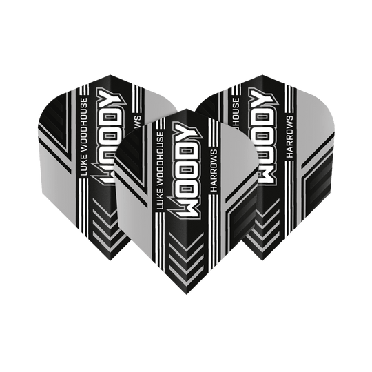 Harrows Prime Luke Woodhouse Woody No6 Flights Das Bild zeigt drei Dart-Flights mit dem Aufdruck "WOODY", "LUKE WOODHOUSE" und "HARROWS". Die Flights sind in Schwarz, Weiß und Grau gestaltet und haben ein modernes Streifendesign.
