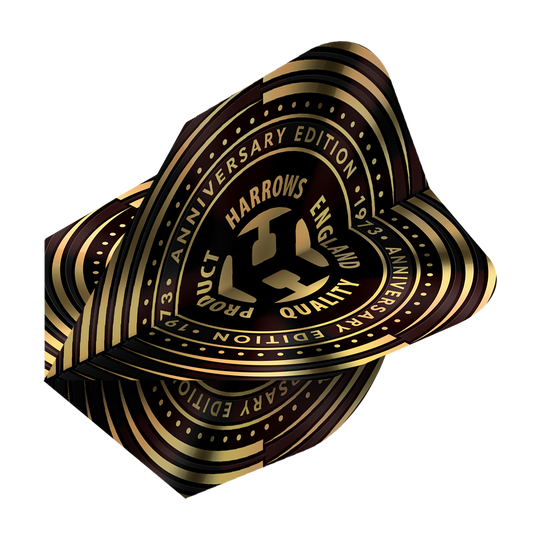 Harrows Anniversary No6 Flights Das Bild zeigt die "Harrows Anniversary No6 Flights" mit einem goldenen und schwarzen Jubiläumsdesign. In der Mitte steht "Harrows England Quality" umgeben von den Worten "Anniversary Edition 1973".