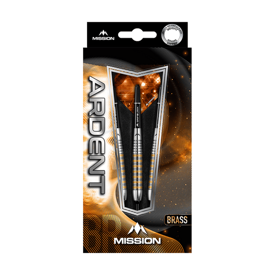 Das Bild zeigt die Mission Ardent Model 2 Softdarts mit einem Gewicht von 18g in ihrer Verpackung. Die Darts haben ein modernes Design mit silbernen und goldenen Akzenten und sind aus Messing gefertigt.