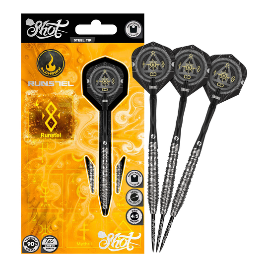 Hier wird das Modell Shot Alchemy Runstel Steeldarts dargestellt. Die Steeldarts sind komplett und aus der Nähe abgebildet.