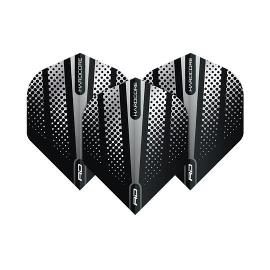 TF6507_Red_Dragon_Hardcore_Radical_Black_Flash_Standard_Flights_1pHSIbILMHMM50 Das Bild zeigt drei Dart-Flights des Produkts "Red Dragon Hardcore Radical Black Flash Standard Flights". Die Flights sind schwarz mit silbernen und weißen Punkten und Streifen gestaltet.