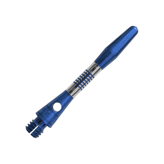 Blauer Aluminium Dart Schaft mit 34mm Länge ist zu sehen. Ideal für individuelle Dartpfeile und Präzision beim Spiel.