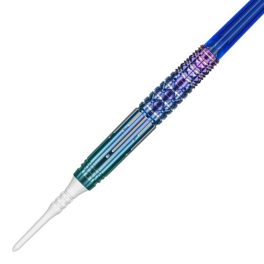 Das Bild zeigt einen farbenfrohen Softdartpfeil mit einem detaillierten Griffdesign. Die Farben verlaufen von Blau zu Lila und der Pfeil hat eine weiße Spitze.