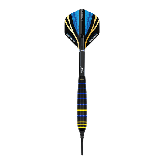 Red Dragon Luke Humphries World Champion Brass Softdarts - 20g Das Bild zeigt einen Red Dragon Luke Humphries World Champion Brass Softdart mit 20g Gewicht. Der Dart ist schwarz mit blauen und gelben Akzenten gestaltet.