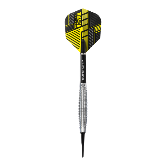 Harrows NX90 Bomb Soft Darts Das Bild zeigt einen Harrows NX90 Bomb Softdart mit einem silbernen, geriffelten Barrel. Die Flight-Feder ist schwarz und gelb gemustert und trägt den Produktnamen.