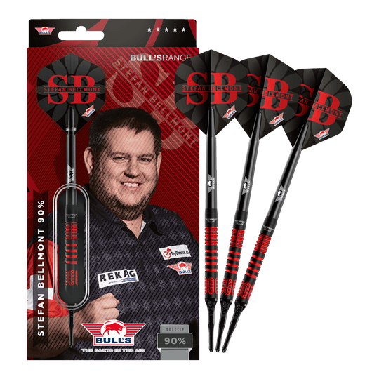Auf dem Bild sind die Bulls NL Stefan Bellmont 90 Softdarts - 20g komplett zu sehen. Diese Darts bieten Präzision und gute Spielbarkeit.