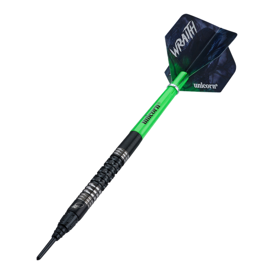 Die Unicorn Wraith James Wade Softdarts - 19g sind auf dem Bild dargestellt. Diese Darts sind ein offizielles James Wade Modell.