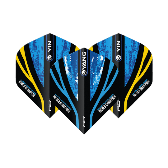 Czerwony Smok Luke Humphries Mistrz Świata Blue Gold Yin Yang Standard Flights Das Bild zeigt drei Dart-Flights mit dem Design "Red Dragon Luke Humphries World Champion Blue Gold Yin Yang Standard Flights". Die Flights sind in Blau, Schwarz und Gold gehalten und tragen die Aufschrift "World Champion".