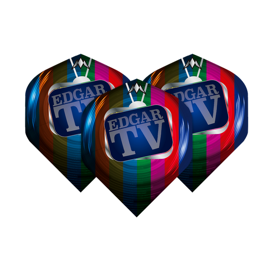 Misja Solo Matt Edgar nr 2 Standardowe loty Das Bild zeigt drei bunte Dart-Flights mit dem Aufdruck "EDGAR TV" auf einem Fernsehbildschirm. Die Flights sind Teil des Produkts "Mission Solo Matt Edgar No2 Standard Flights".