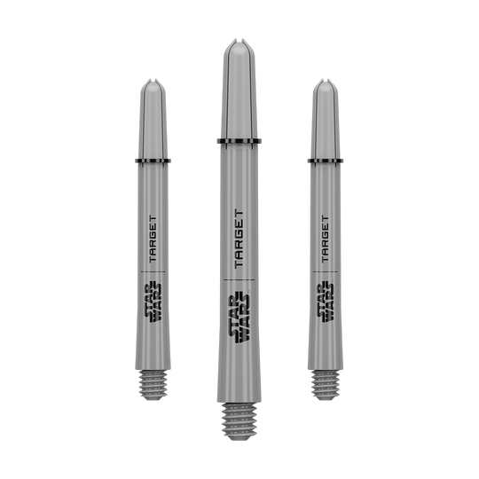 Wałki Target Star Wars ProGrip – szare Das Bild zeigt ein Dart-Zubehör mit dem Dateinamen 380432_Target_StarWars_ProGrip_Shafts_Grau_Medium_48mm_1Set. Es handelt sich vermutlich um einen grauen Medium ProGrip Shaft von Star Wars mit 48mm Länge als Set.