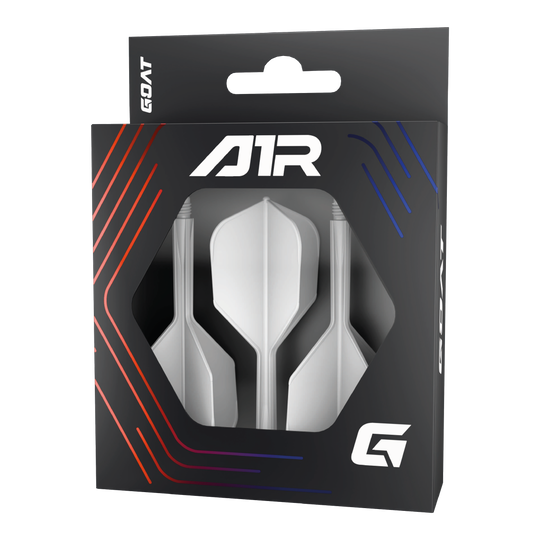 System wału lotniczego GOAT A1R No6 - biały Die Abbildung zeigt das Produkt „GOAT A1R No6 Flight-Shaft-System - Weiß“ in einer schwarzen Verpackung mit Sichtfenster. In der Verpackung sind drei weiße Dart-Flights mit Schäften zu sehen.