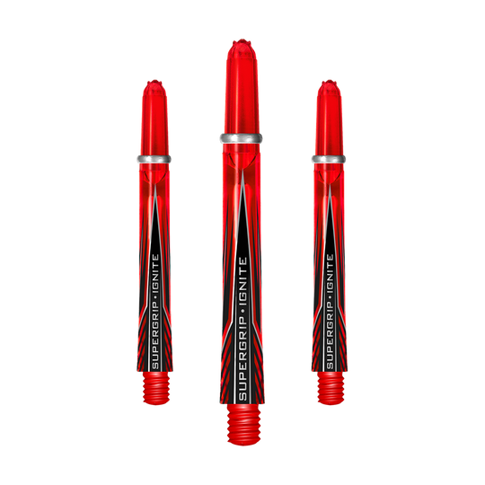 HR385_Harrows_Supergrip_Ignite_Shafts_Rot_47mm_1zgAmlX3Ti23ya Das Bild zeigt drei rote Harrows Supergrip Ignite Shafts. Sie sind für Dartpfeile und besitzen ein modernes, auffälliges Design.