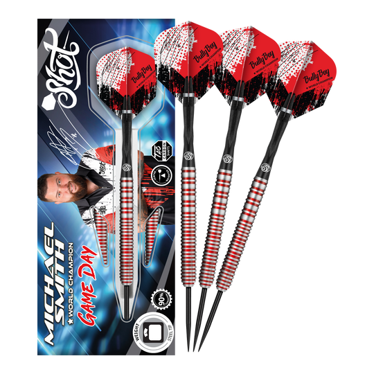 Das Bild zeigt ein Set von Steeldarts mit rot-weißen Flights und dem Schriftzug "Bully Boy". Auf der Verpackung ist der Name "Michael Smith" und das Produkt "Game Day" deutlich zu sehen.