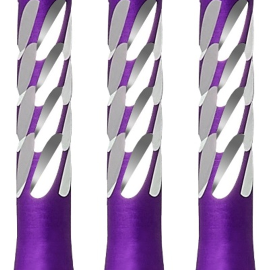 78994-Unicorn-Premier-Shaft-Purple-Short Das Bild zeigt drei lila Aluminium-Schäfte für Darts mit silbernen Akzenten. Sie sind als "Unicorn Premier Aluminium Shafts - Lila" bekannt.