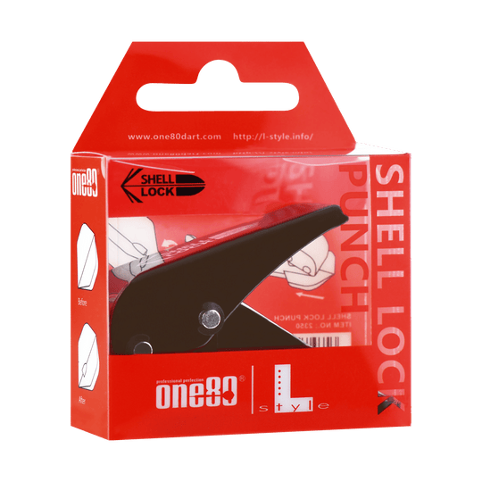 Dziurkacz typu L-Style One80 Shell Lock Punch Flight Punch Das Bild zeigt die Verpackung des Produkts "L-Style One80 Shell Lock Punch Flightlocher". In der Packung befindet sich ein schwarzer Lochstanzer für Dart-Flights.